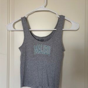 Brandy Melville Grey Malibu Ribbed Tank with Blue Lettering
